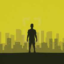 silhouette of a man standing in front of a city 