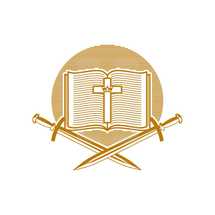 Church logo. Christian symbols. An open Bible, the cross of Jesus Christ and swords.