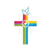 rainbow cross, dove, and crown of thorns 