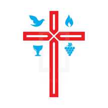 cross, dove, grapes, red, blue, flame, chalice