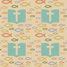 Jesus fish and Bible with cross pattern background 