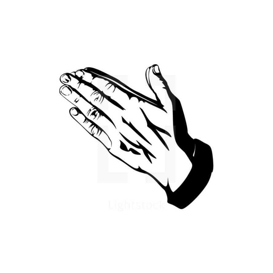 Silhouette of praying hands. Man prays and turns to God.