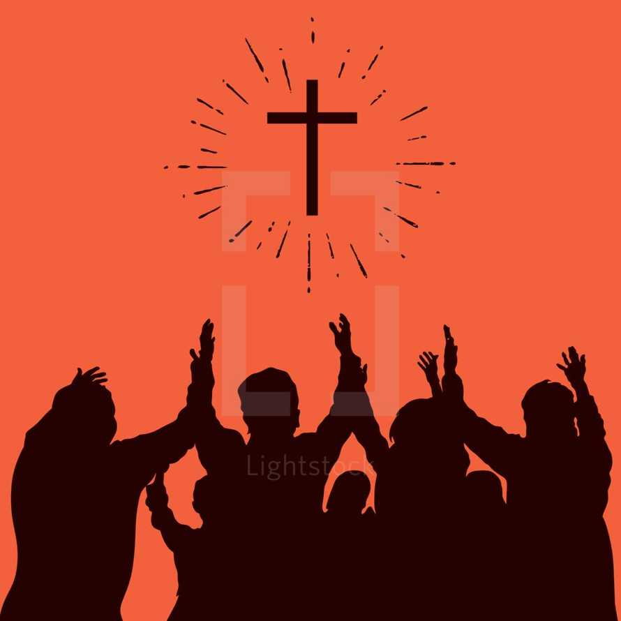 group worship, raised hands, cross, worship, silhouettes, praise