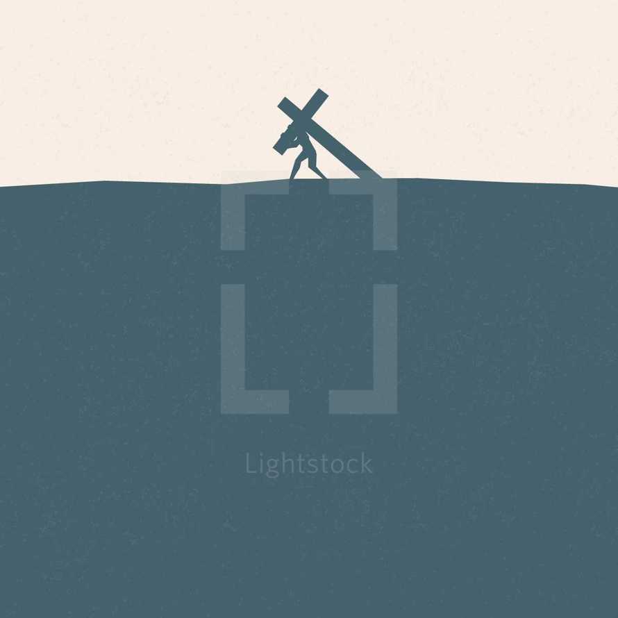 silhouetted illustration of a man carrying a cross.