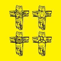 wood cross, Jesus image, crown of thorns, icons, Jesus fish, trinity
