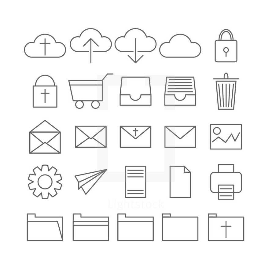 upload, iCloud, download, simple line, icons, sketches, folder, gears, cross, files, technology, computer, email, envelope, mail, cart, shopping cart, online, shopping, lock, trash can, recycle bin, trash, cloud