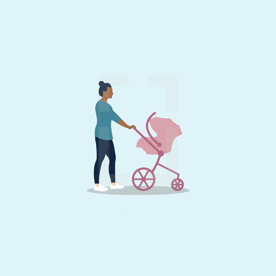 a mother pushing a baby carriage 