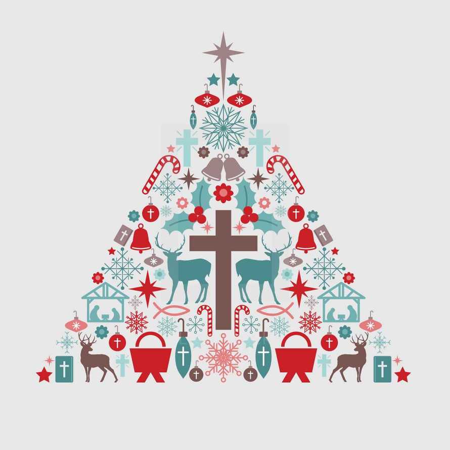 Christmas icon tree.  Includes various icons - nativity, cross, deer, bell, ornament, manger, snow flake, candy cane, star, holly, Jesus fish, flower.