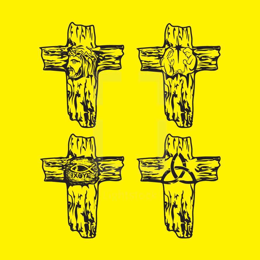 wood cross, Jesus image, crown of thorns, icons, Jesus fish, trinity