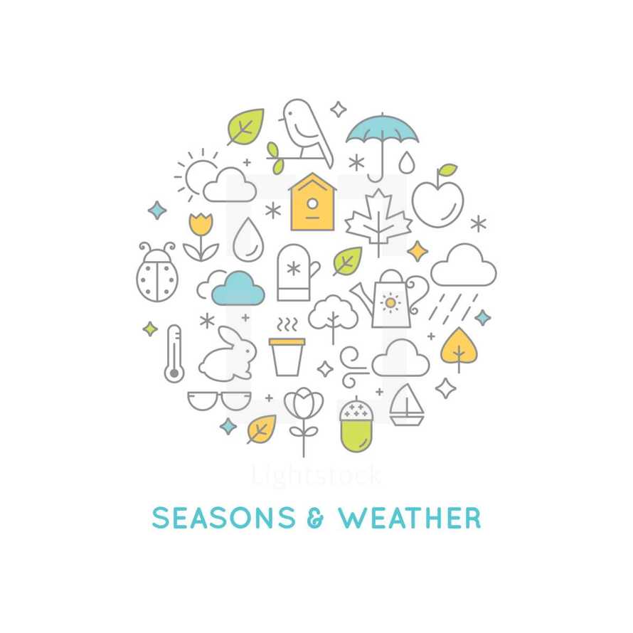 Seasons and Weather, seasons, weather, icons, icon set, fall, summer, bunny, glasses, thermometer, leaves, acorn, flowers, watering can, wind, clouds, ladybug, bug, bird, umbrella, birdhouse, pot, tree, apple, raindrop, sun, clouds, snowflake 