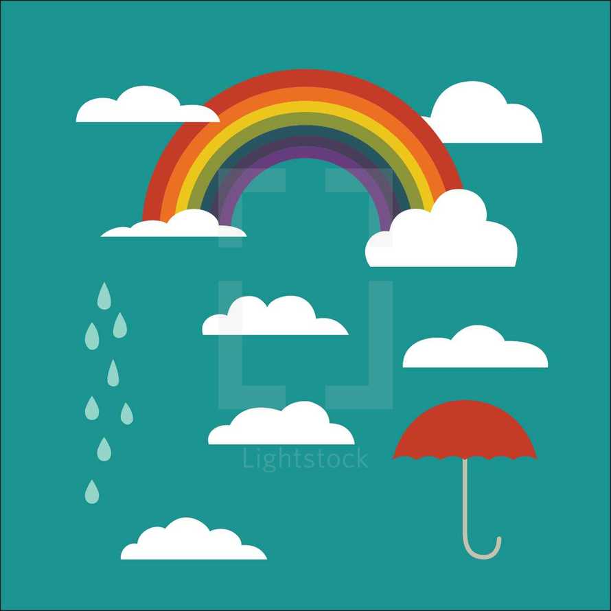 rainbow, clouds, rain, umbrella vectors on green 