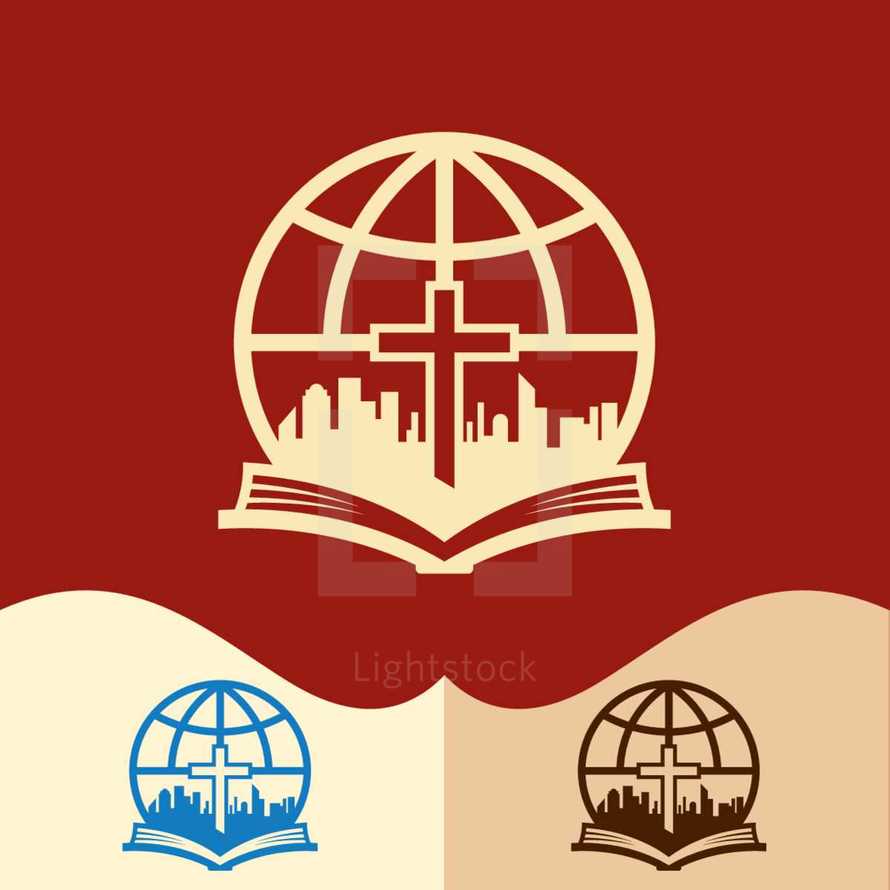 globe, cross, and Bible logo 