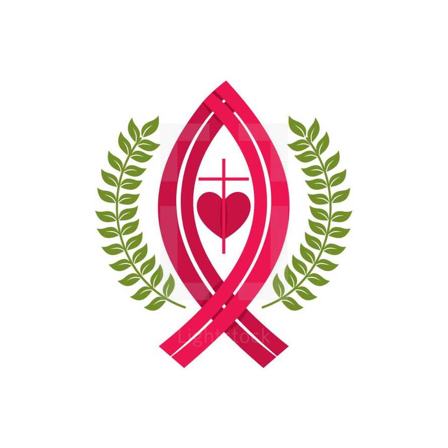 olive branch, Jesus fish, cross, heart logo 