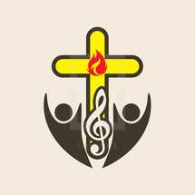 choir, worship music, cross, G cleft, music, icon, flame, people, song, icon