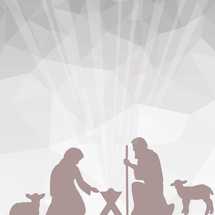 A Christmas nativity background with geometric shapes and silver tones.