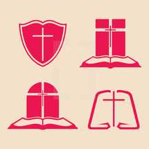 Bible, shield, cross, altar, icon