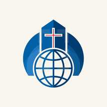 church, globe, cross, red, white, blue, icon, missions