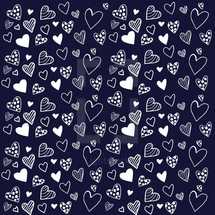 White hand drawn  hearts on a navy background 