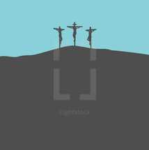 Depiction of Jesus on the Cross between two thieves in minimalist silhouette graphic design