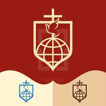 globe, dove, and cross, logo