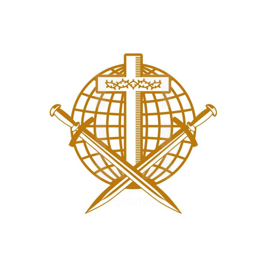 Church logo. Christian symbols. Cross of Jesus Christ, globe, crown of thorns and swords.