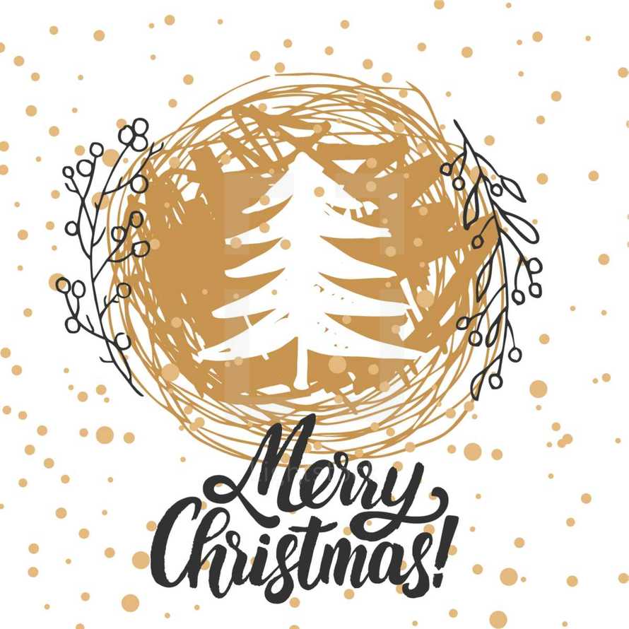 Christmas trees covered with snow, snowflakes, patterns, lettering - Merry Christmas.