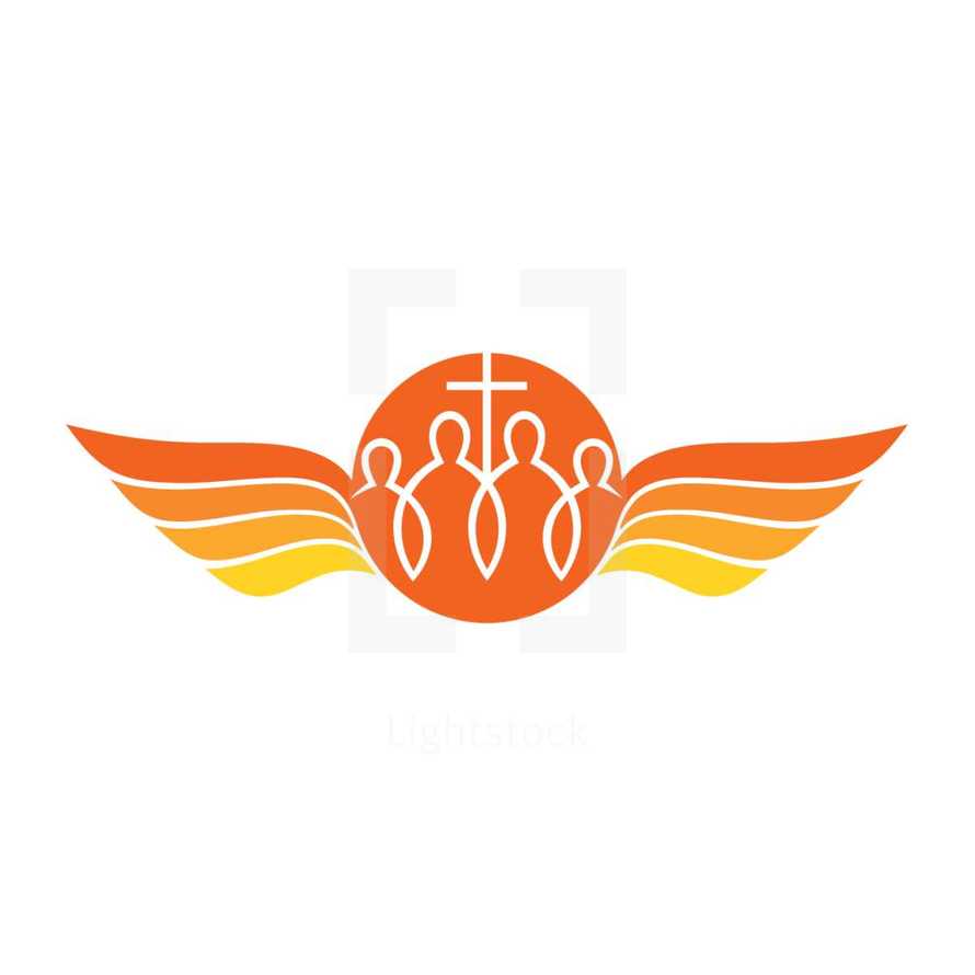 sun, people, church, missions, wings, cross, logo, icon, membership 