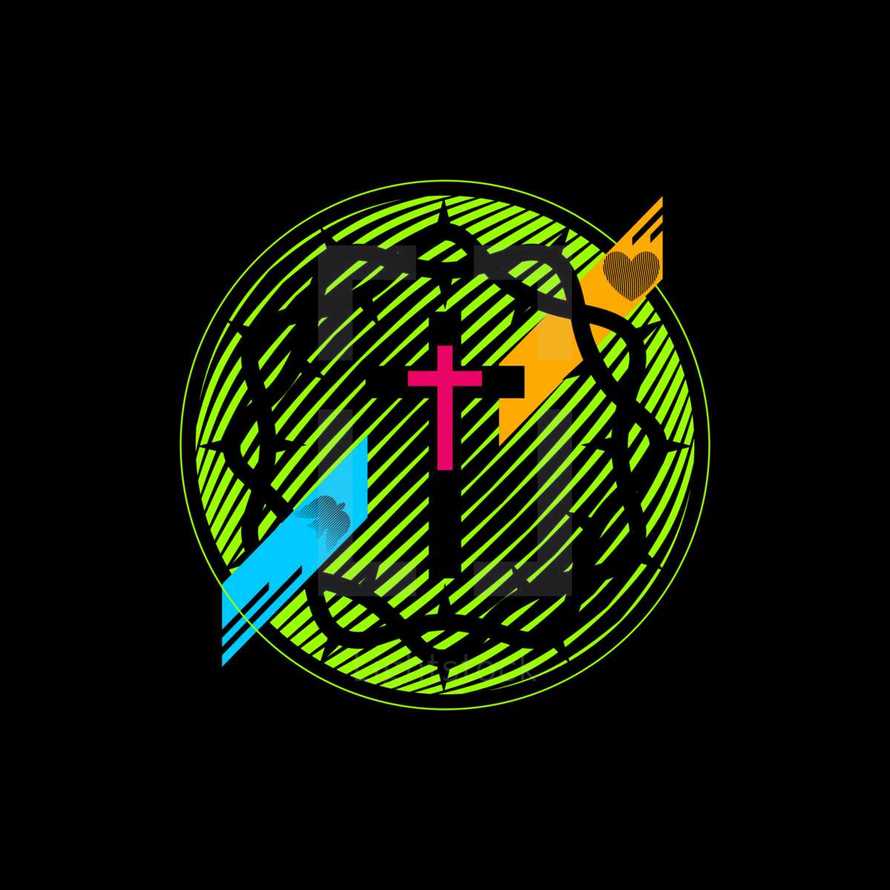 neon crown of thorns and cross badge 