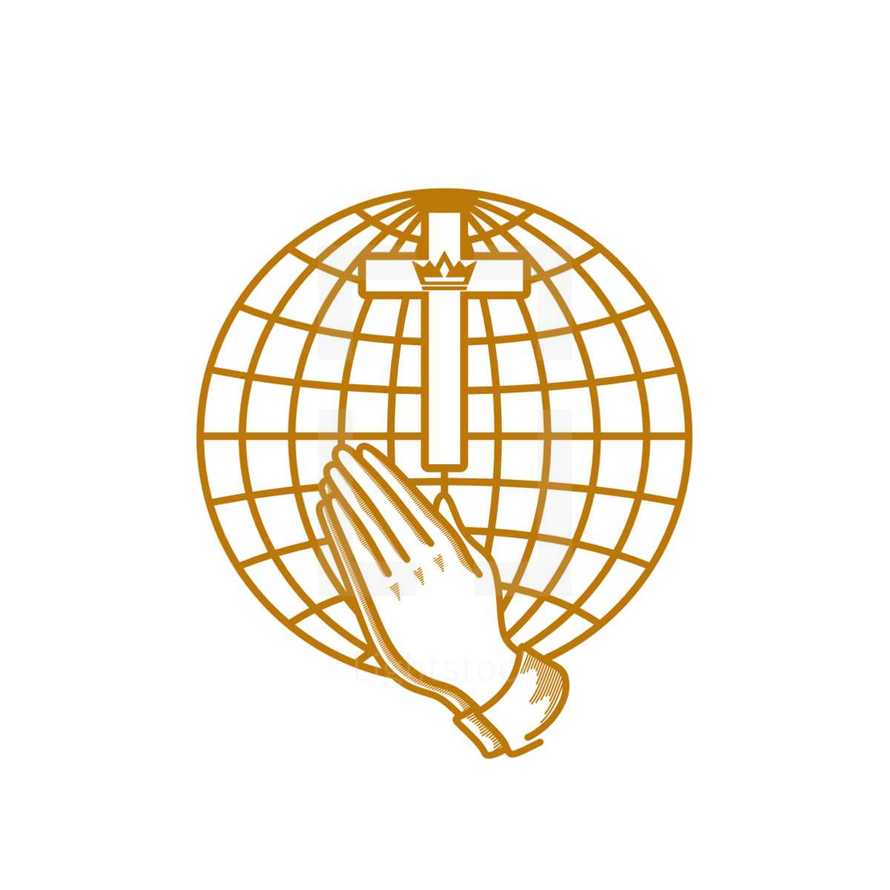 Church logo. Christian symbols. Praying hands and the cross of Jesus Christ on the background of the globe.