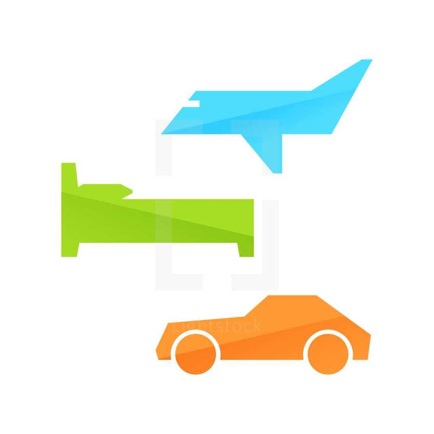 plane, airplane, bed, car, vehicle, icon
