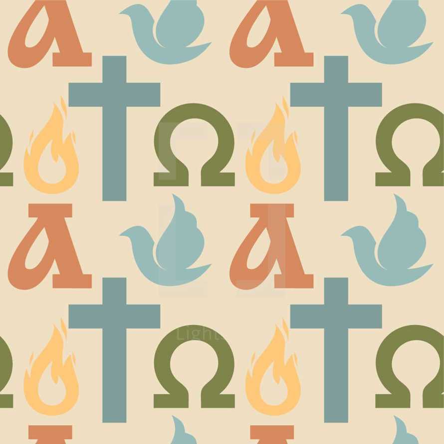 alpha and omega, flame, dove, cross, pattern background 