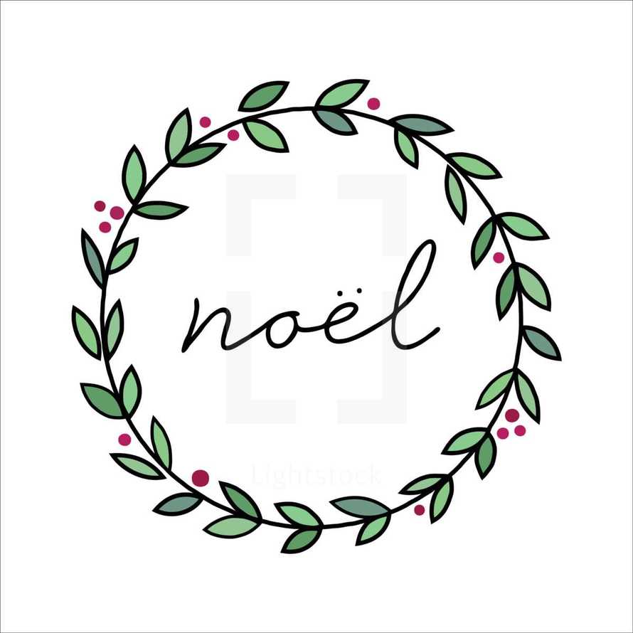 Noel Christmas wreath handwritten script font in a simple farmhouse style great for a church or personal Christmas background image for a slide presentation or social media post.
