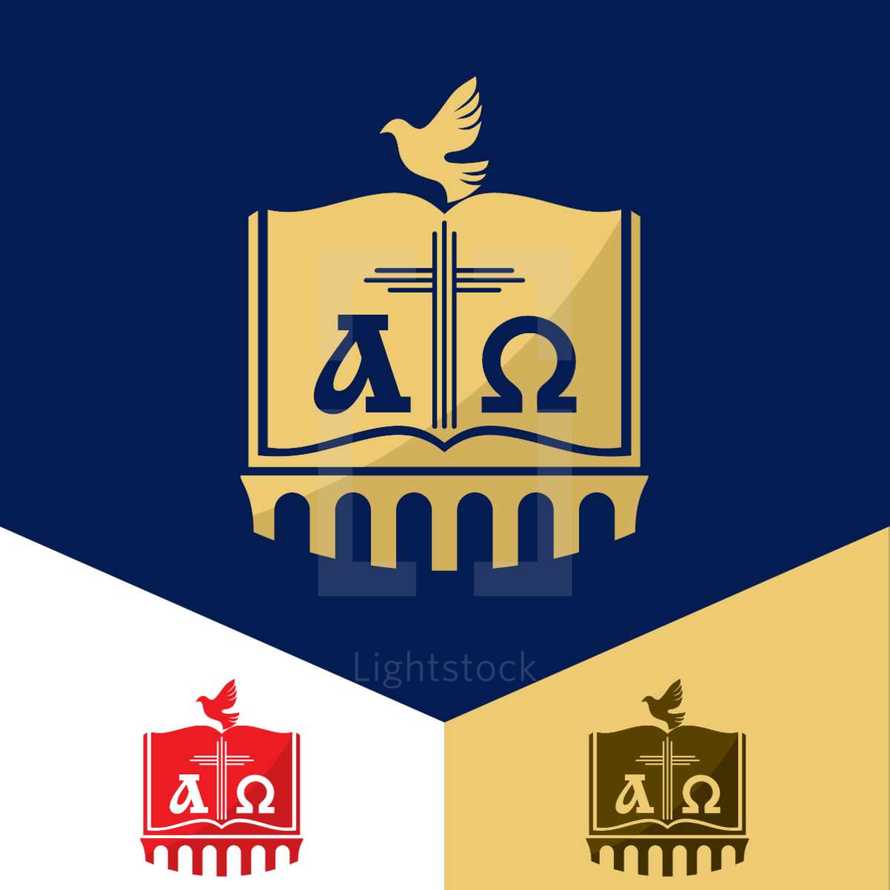 alpha and omega, cross, dove, Bible, pulpit, logo, icon