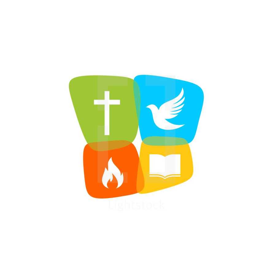 dove, cross, Bible, flames, Christian symbols 
