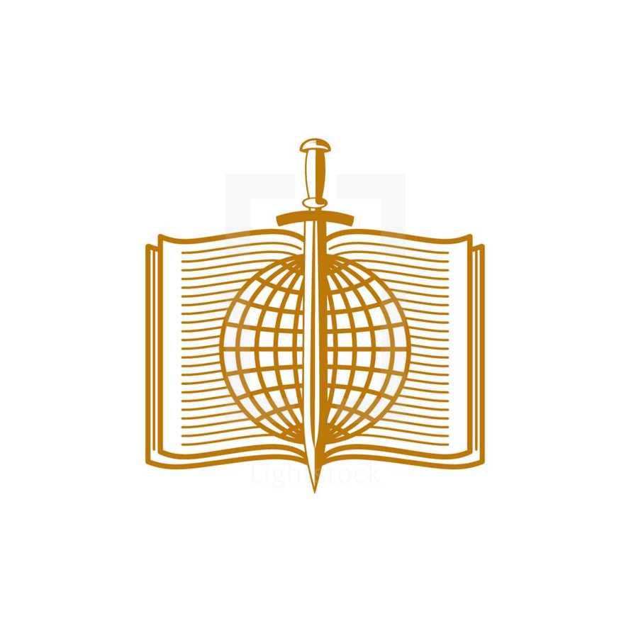 Church logo. Christian symbols. Globe and sword on the background of an open bible.