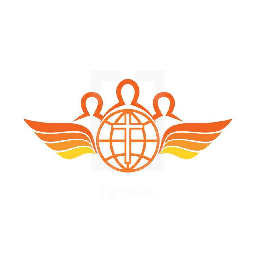 people, globe, cross, membership, yellow, orange, logo, icon, wings, missions 