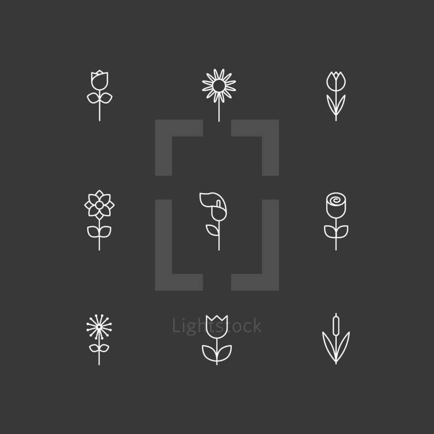 line drawing flower icons in black and white 