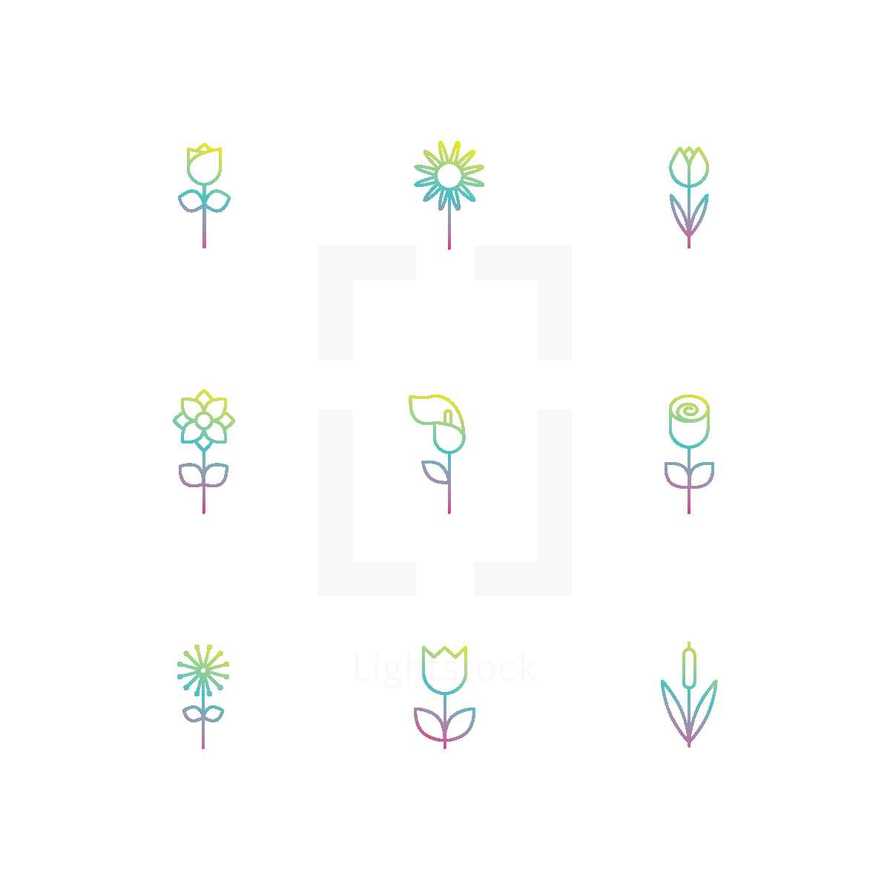 pastel flower line drawing icons 