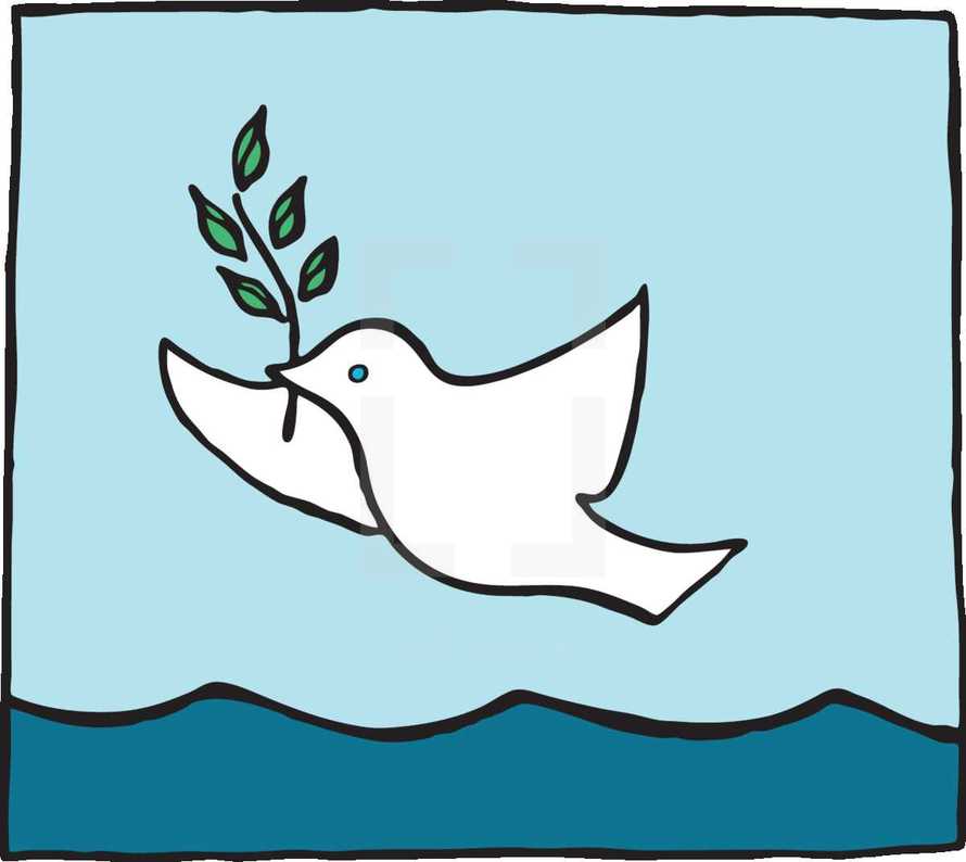 Peace dove flying over waves in the ocean.