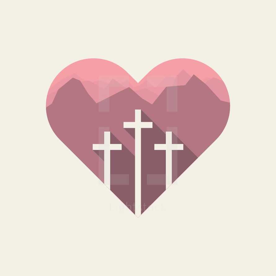 Silhouette of a Heart with Three Crosses. 