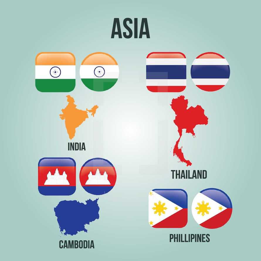 Asian Countries, India, Thailand, Cambodia, Philippines, flags