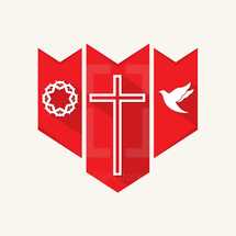 shield, banner, cross, red, white, crown of thorns, dove, icon