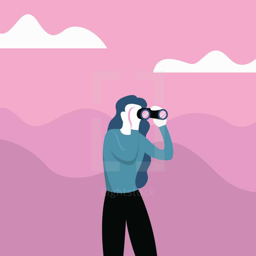 woman searching with binoculars 