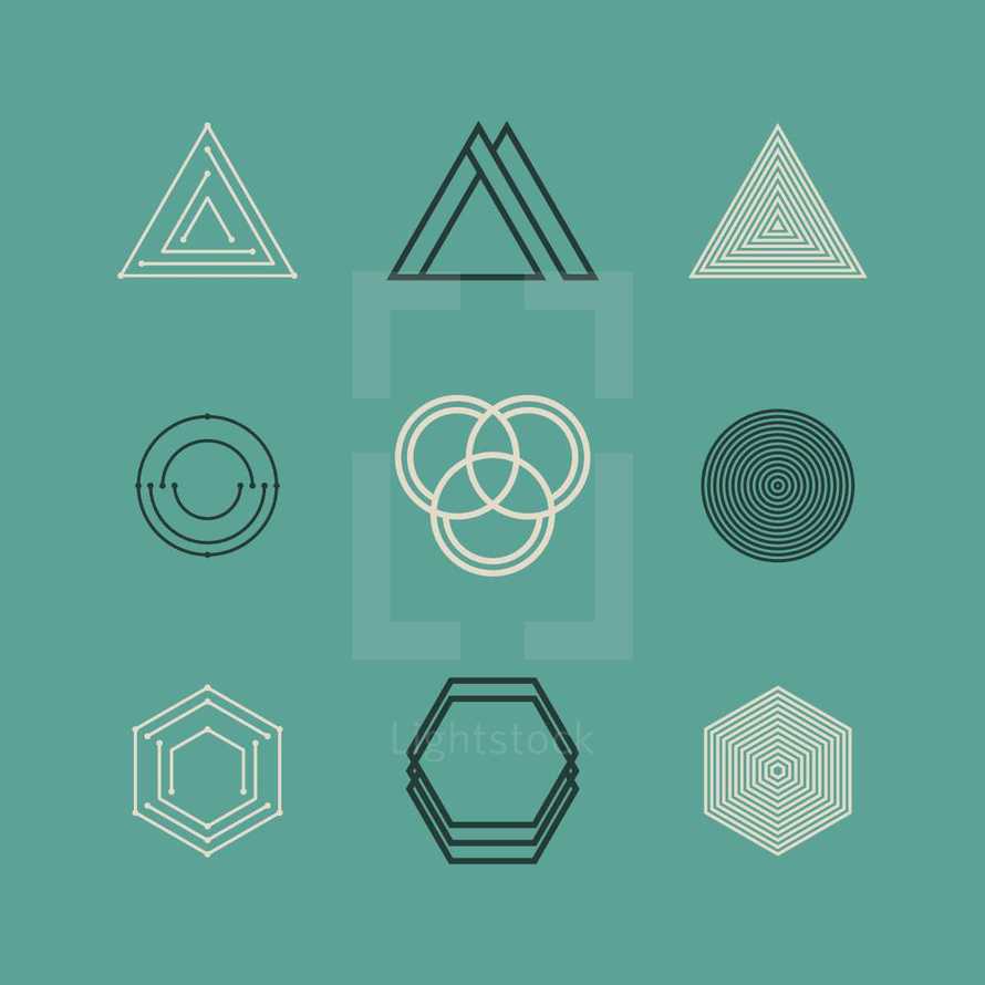 geometric, shapes, polygons, hexagon, triangle, trinity, circles 