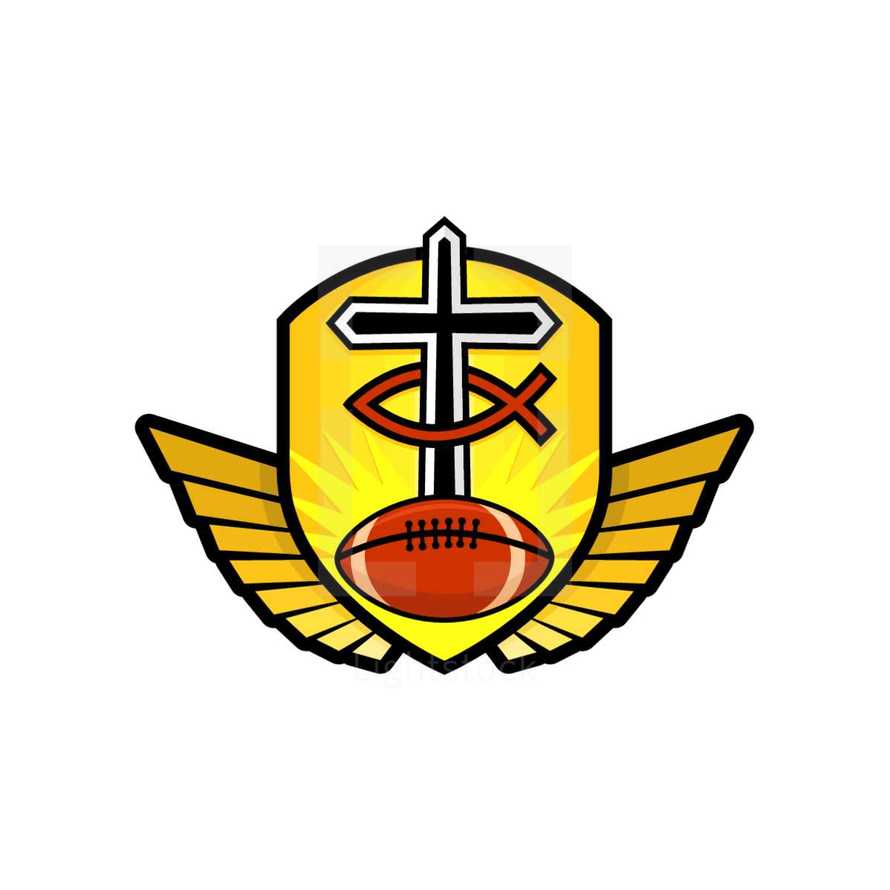 football and cross on a shield with wings 