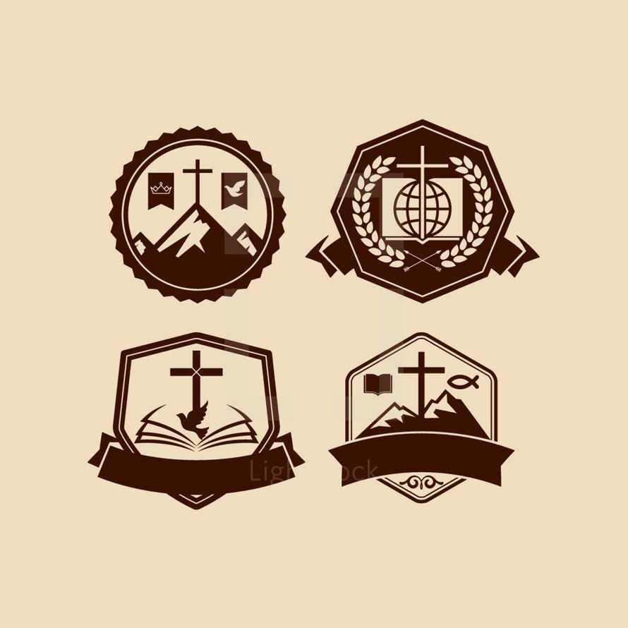 badges, cross, crown of thorns, dove, banner, globe, Bible, wheat, Jesus fish, missions, crown, mountain peak, icon