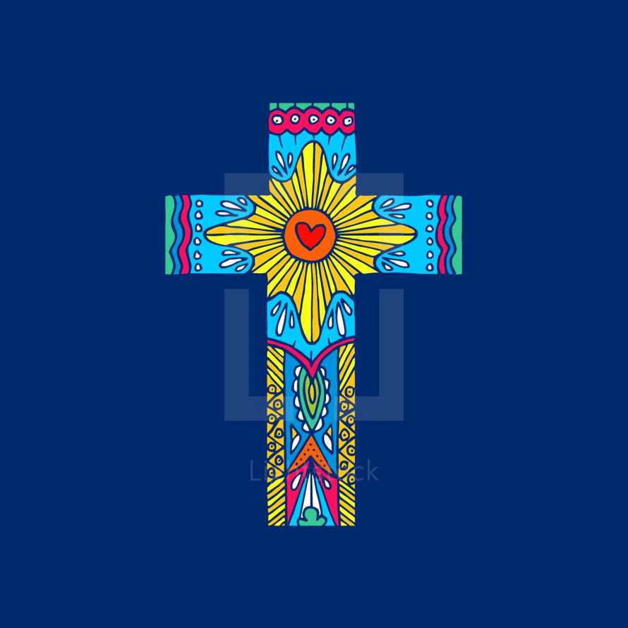 Cross of the Lord and Savior Jesus Christ hand-drawn. Doodle and design elements inside. Christian and biblical symbols.