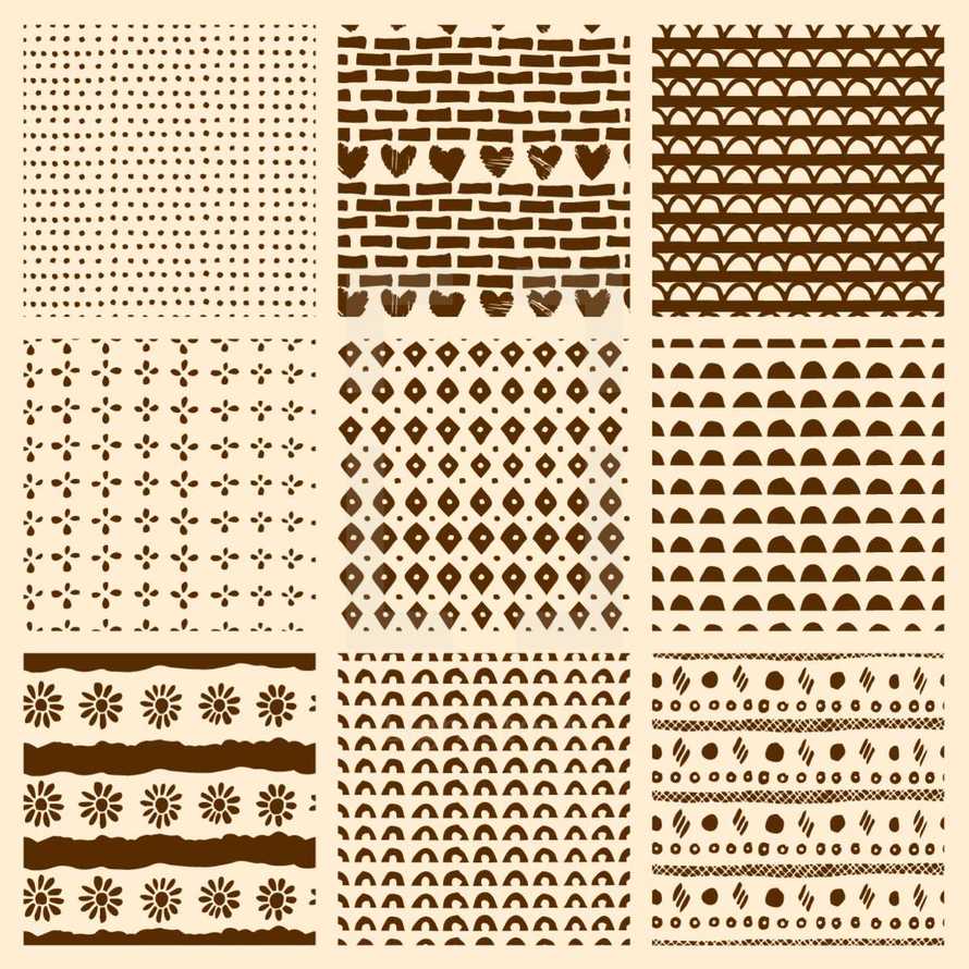 Vector set of hand drawn seamless patterns made with ink. Freehand textures for fabric, polygraphy, web design.