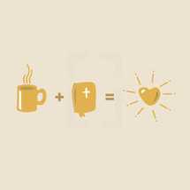Bible equation, coffee, mug, +, Bible, =, heart, love, illustration 