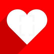 White heart on red with long drop shadow. The red heart icon is on white background. The red heart symbol for love emotions created in flat design style. The multimedia red heart button is intended for an audio music or movie video player. The red heart icon for the content you like is designed to use a Graphical User Interface. The medical red heart sign can be used for the cardiology department at the clinic for heart disease. The design graphic element is saved as a vector illustration in the EPS file format for your design projects.